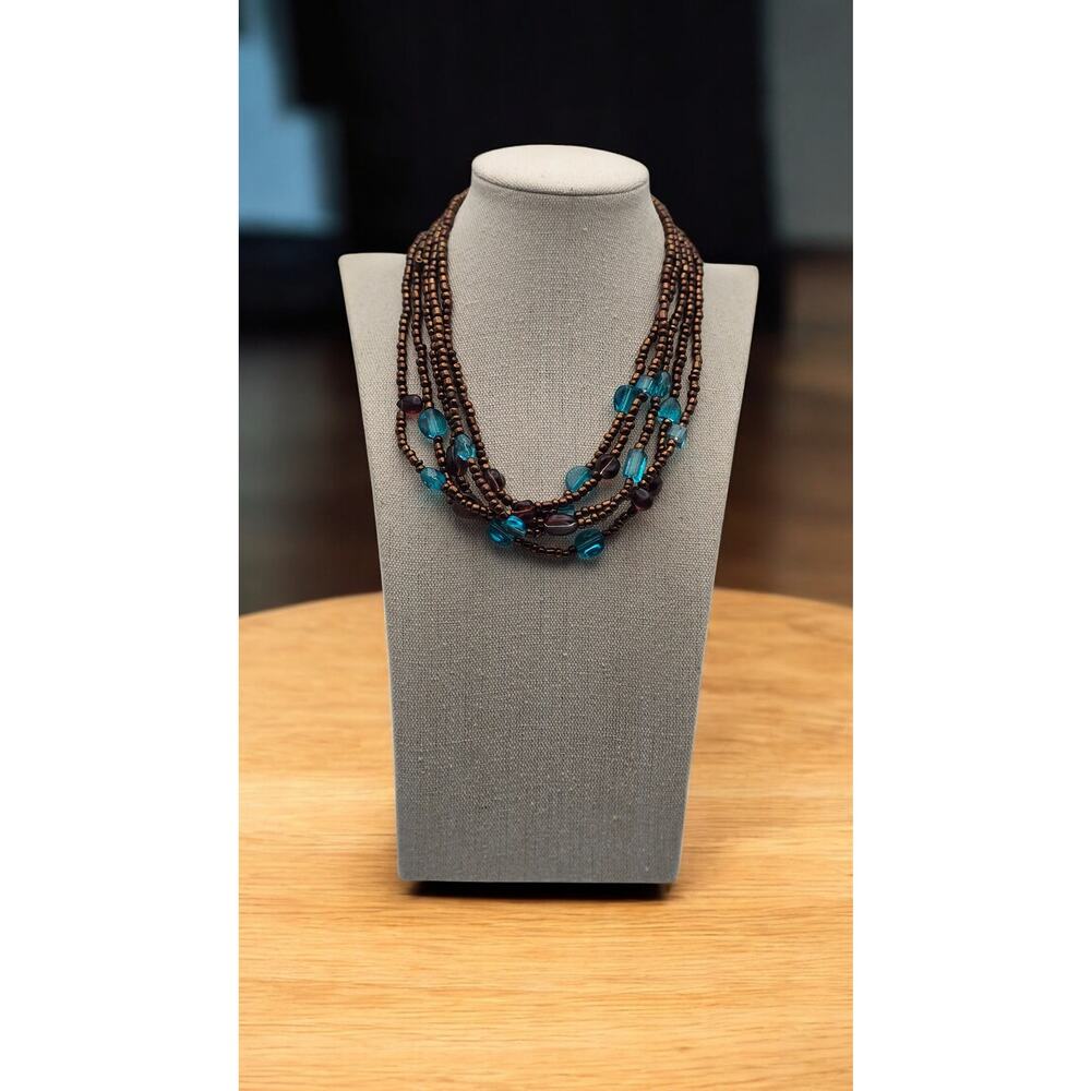 Bronze Brown and Blue Beaded Multi Strand Vintage Necklace